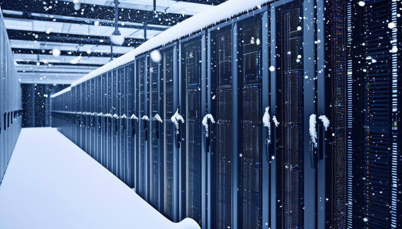 Snow covered server racks and databases